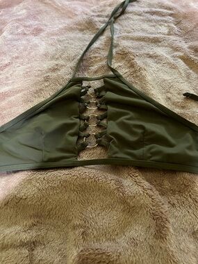 Fashion Nova Olive Green Halter Bikini Top with Lace-Up Detail